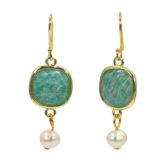 Peruvian Amazonite and Cultured Pearl Drop Earrings