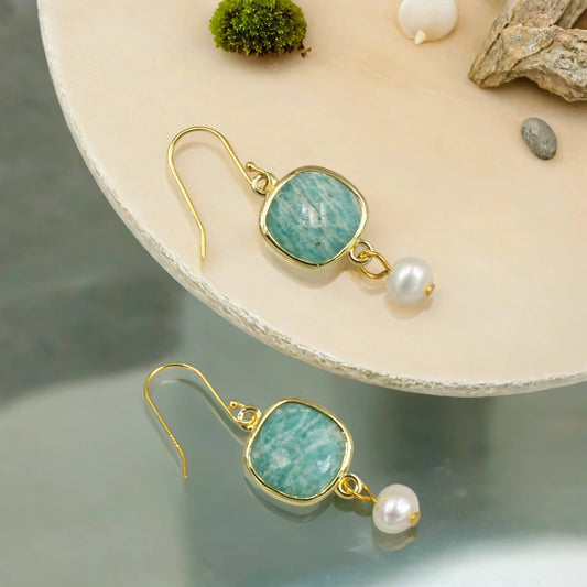 Peruvian Amazonite and Cultured Pearl Drop Earrings